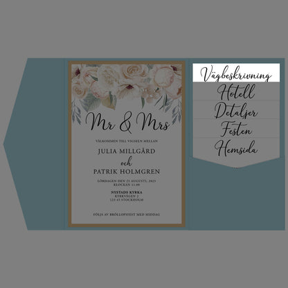 BR001-5 - Vägbeskrivning - Vitblommig Mr & Mrs - Tryckt bröllopskort