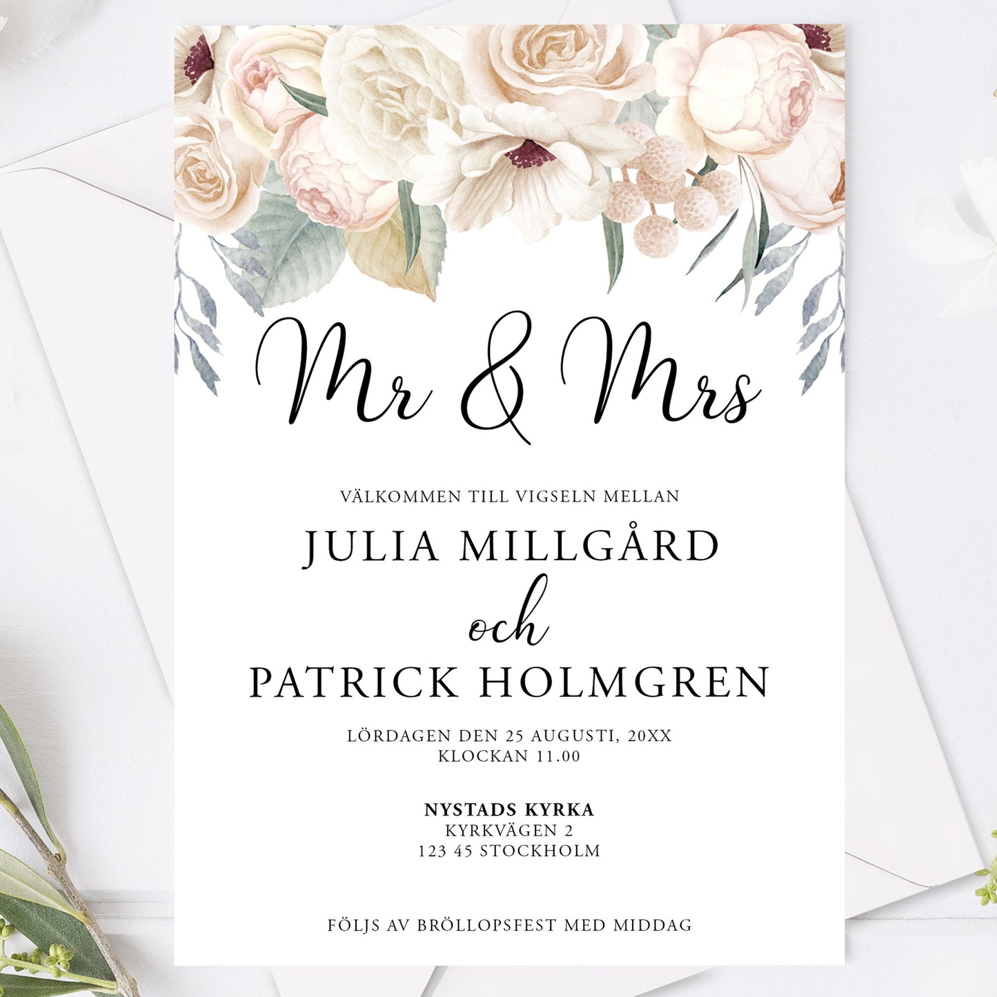 Vintage blommig bröllopsinbjudan – Mr & Mrs tryckt kort – BR001
