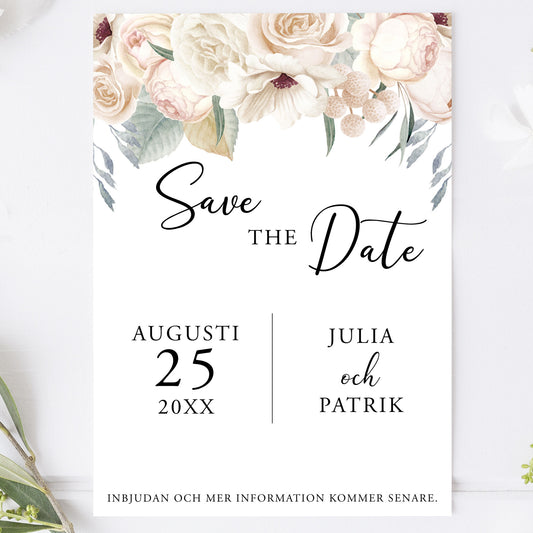 Save the Date-kort – Vintage Mr & Mrs Vita blommor - A6 Tryckt kort för bröllopsdatum BR001