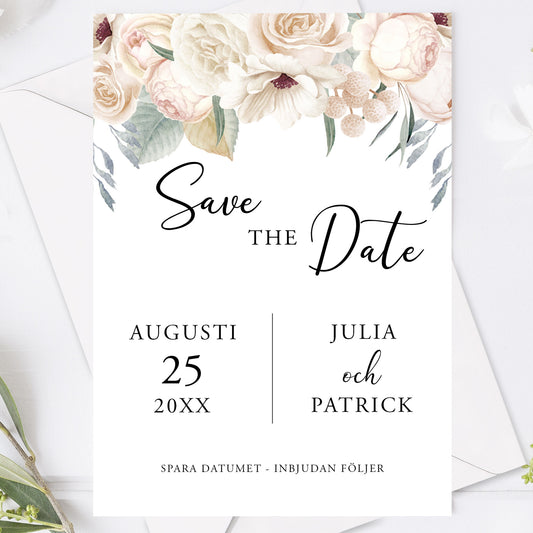 Save the Date kort – Vintage Mr & Mrs Vita blommor - A6 Tryckt kort för bröllopsdatum BR001