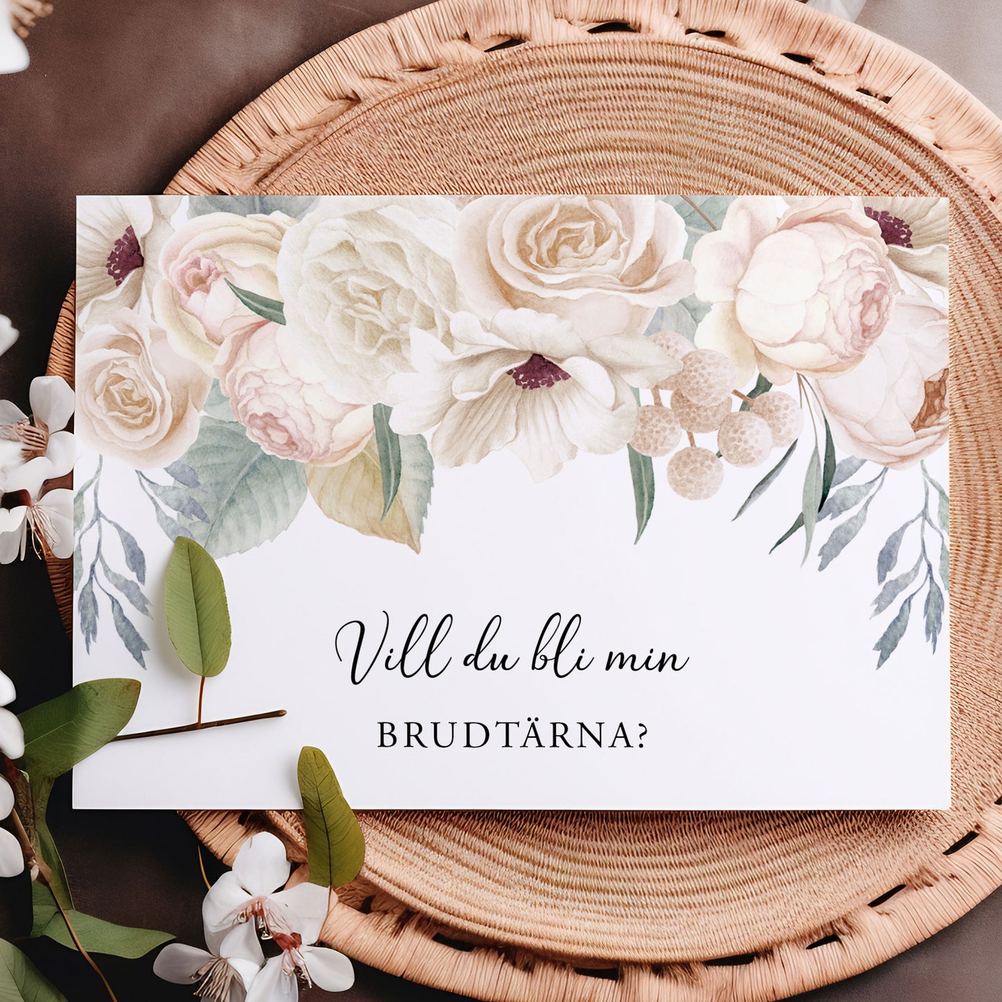 Vill du bli-kort – Vintage Mr & Mrs Vita blommor – A6 Tryckt fråga till brudfölje BR001