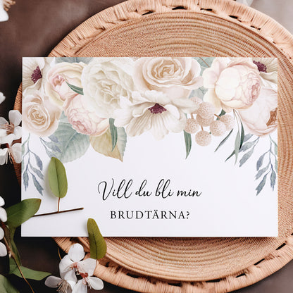 Vill du bli-kort – Vintage Mr & Mrs Vita blommor – A6 Tryckt fråga till brudfölje BR001