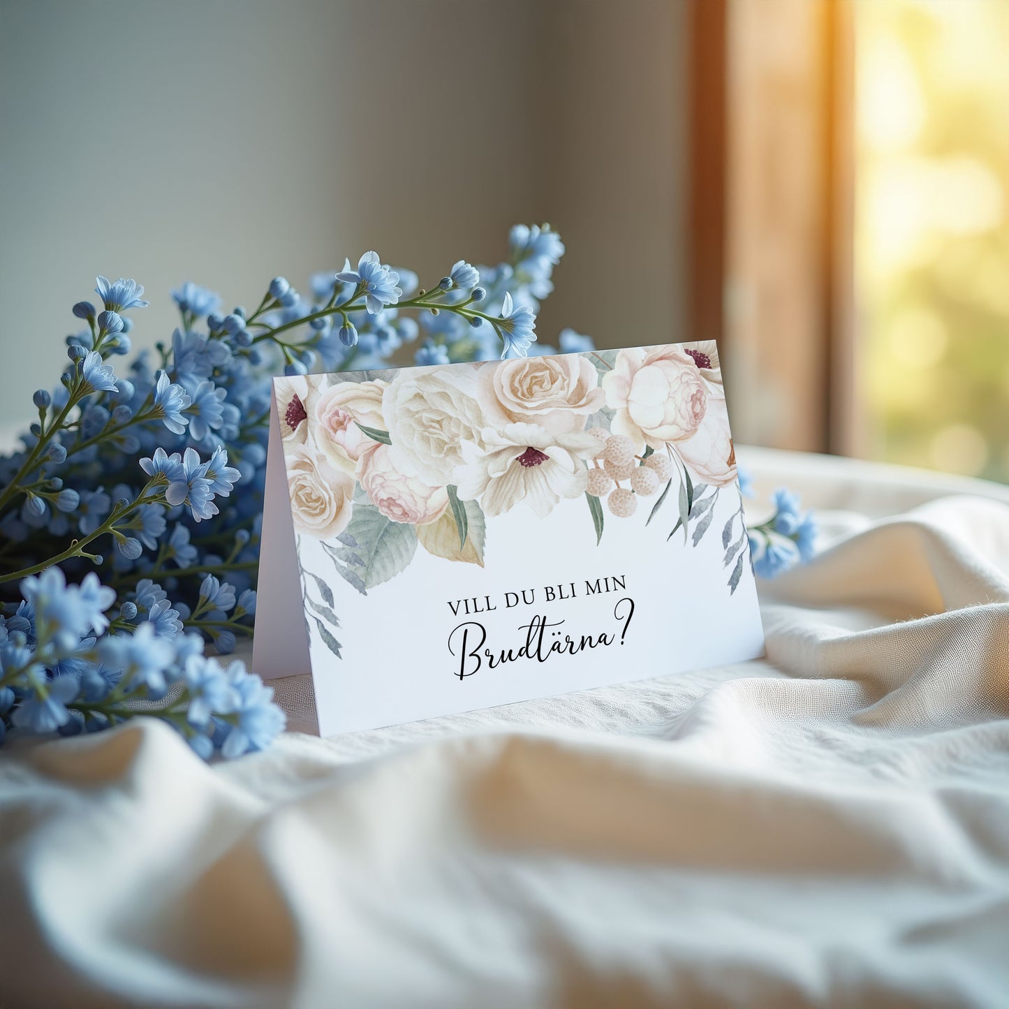 Vill du bli-kort – Vintage Mr & Mrs Vita blommor – A6 Tryckt fråga till brudfölje BR001