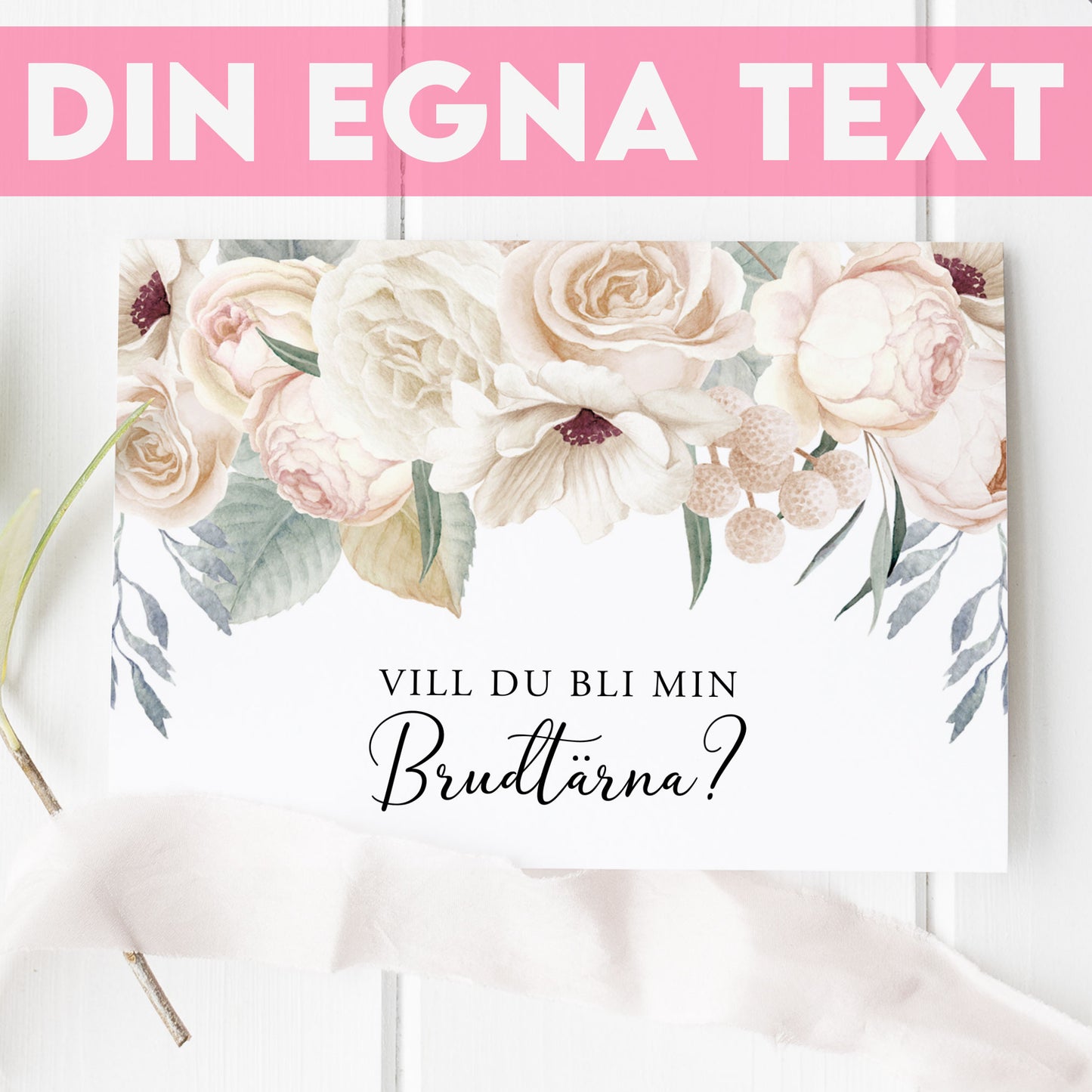 Vill du bli-kort – Vintage Mr & Mrs Vita blommor – A6 Tryckt fråga till brudfölje BR001
