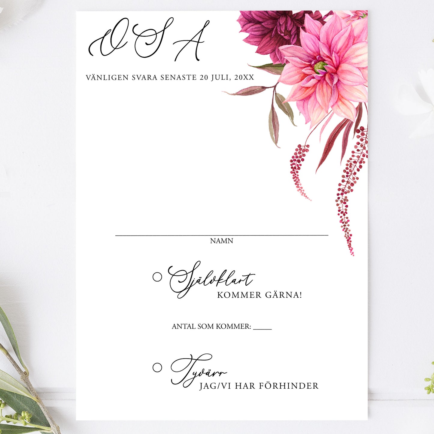 OSA-kort med kuvert (8 färger) – A6 Burgundy Dahlia – Bröllopskort BR002