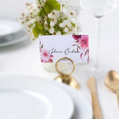 Enkla placeringskort till bröllop – Burgundy Dahlia – Tryckt kort med namn för dukning BR002