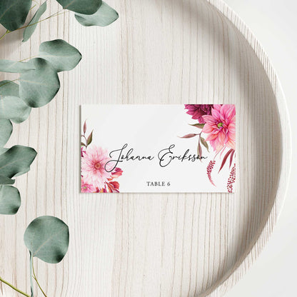 Enkla placeringskort till bröllop – Burgundy Dahlia – Tryckt kort med namn för dukning BR002