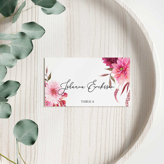 Enkla placeringskort till bröllop – Burgundy Dahlia – Tryckt kort med namn för dukning BR002