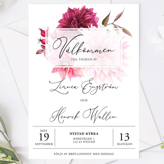 Burgundy Dahlia Bröllopsinbjudan – Modernt blommigt kort – BR002