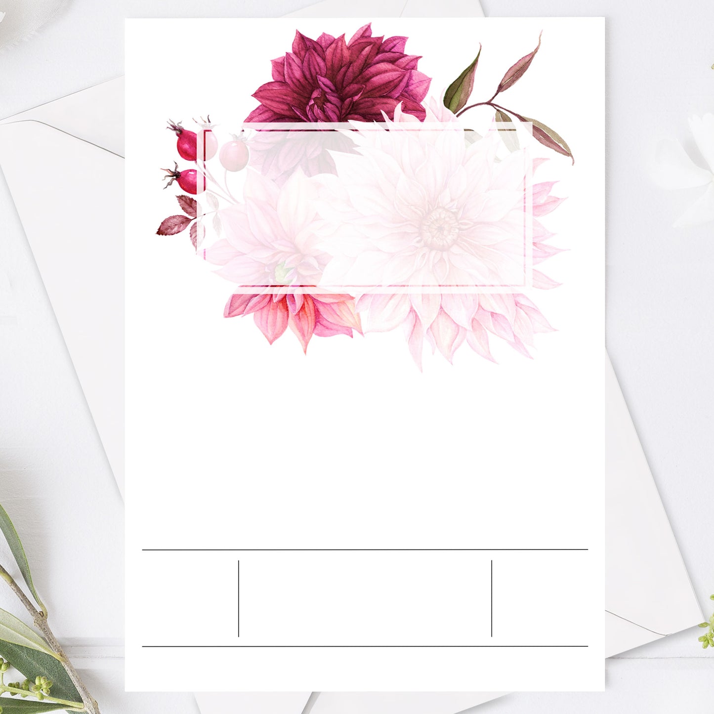 Burgundy Dahlia Bröllopsinbjudan – Modernt blommigt kort – BR002