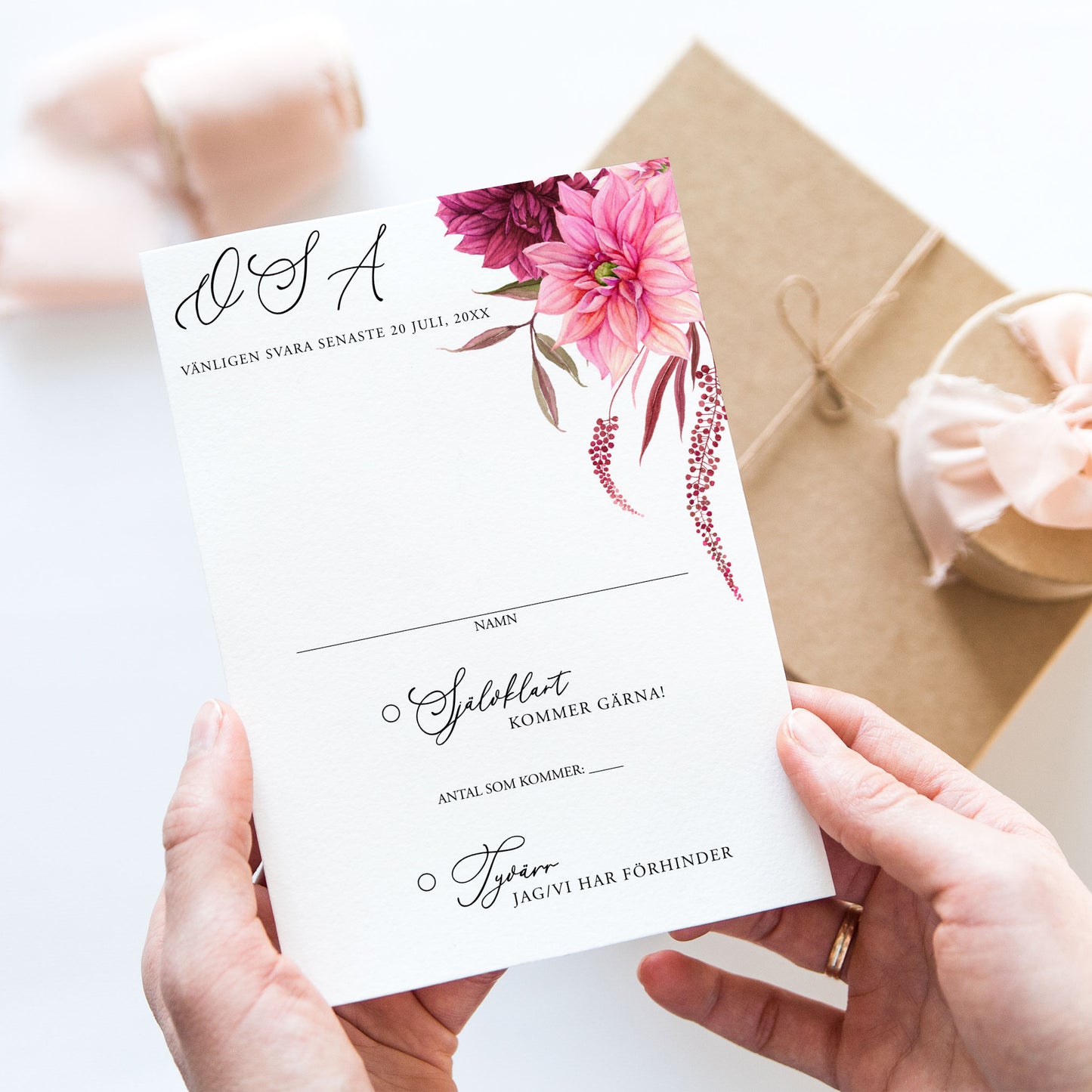 OSA-kort med kuvert (8 färger) – A6 Burgundy Dahlia – Bröllopskort BR002