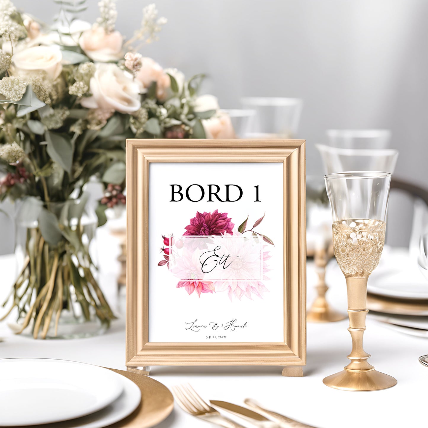 Bordsnummerkort till bröllop – Burgundy Dahlia – Tryckt kort för dukning och bordsplacering BR002