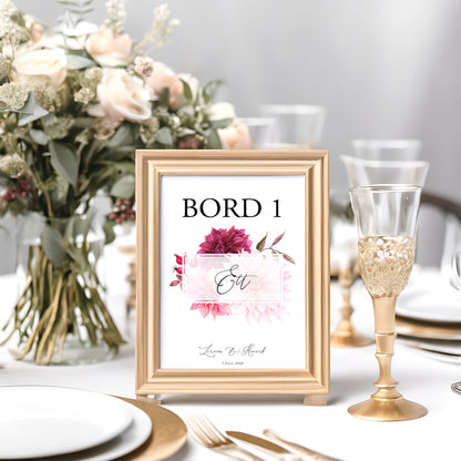 Bordsnummerkort till bröllop – Burgundy Dahlia – Tryckt kort för dukning och bordsplacering BR002