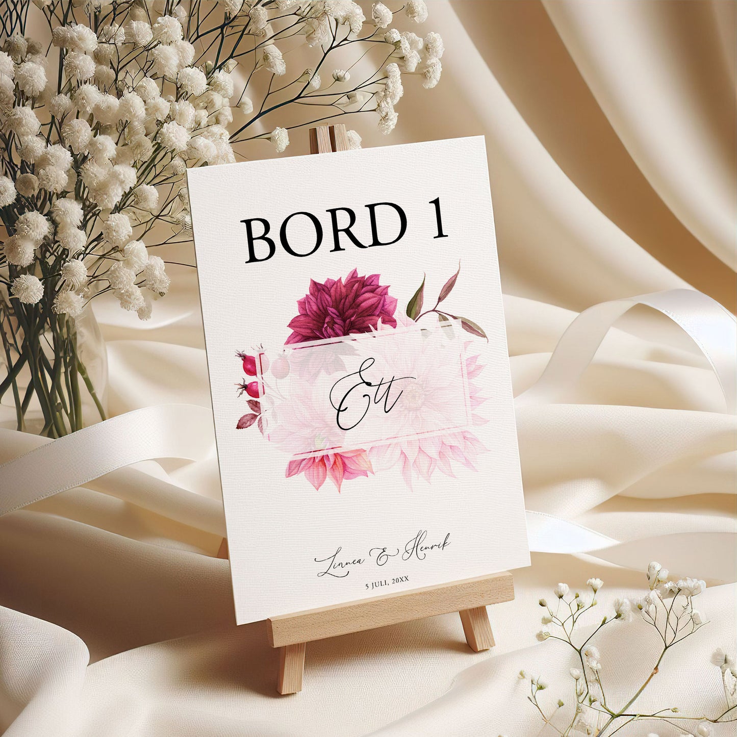 Bordsnummerkort till bröllop – Burgundy Dahlia – Tryckt kort för dukning och bordsplacering BR002