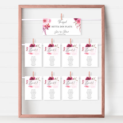 Bordsplaceringskort till bröllop – Burgundy Dahlia – Titelskylt & bordskort för gäster BR002