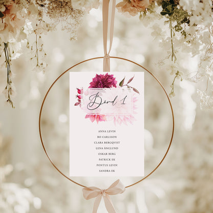 Bordsplaceringskort till bröllop – Burgundy Dahlia – Titelskylt & bordskort för gäster BR002