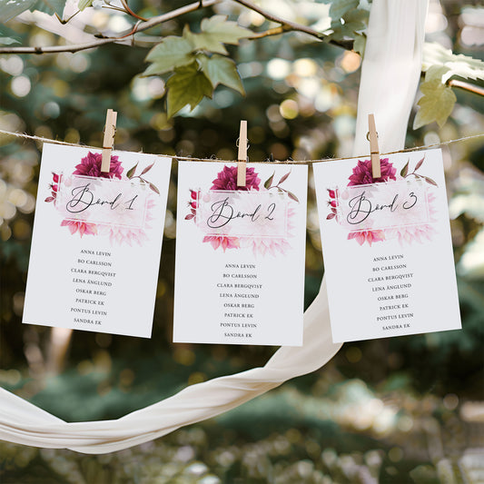 Bordsplaceringskort till bröllop – Burgundy Dahlia – Titelskylt & bordskort för gäster BR002