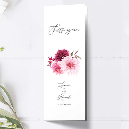 Festprogram till bröllop – Burgundy Dahlia – Avlångt tryckt programkort 10,5×29,7 cm BR002