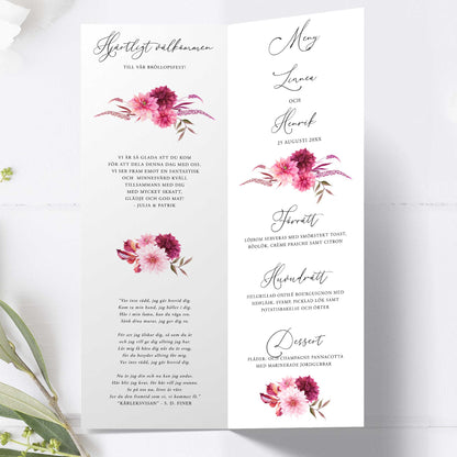Festprogram till bröllop – Burgundy Dahlia – Avlångt tryckt programkort 10,5×29,7 cm BR002