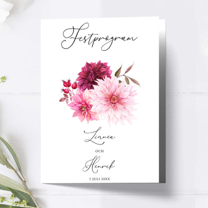 Festprogram litet, till bröllop – Burgundy Dahlia – Tryckt programkort 12,7x17,7 cm BR002