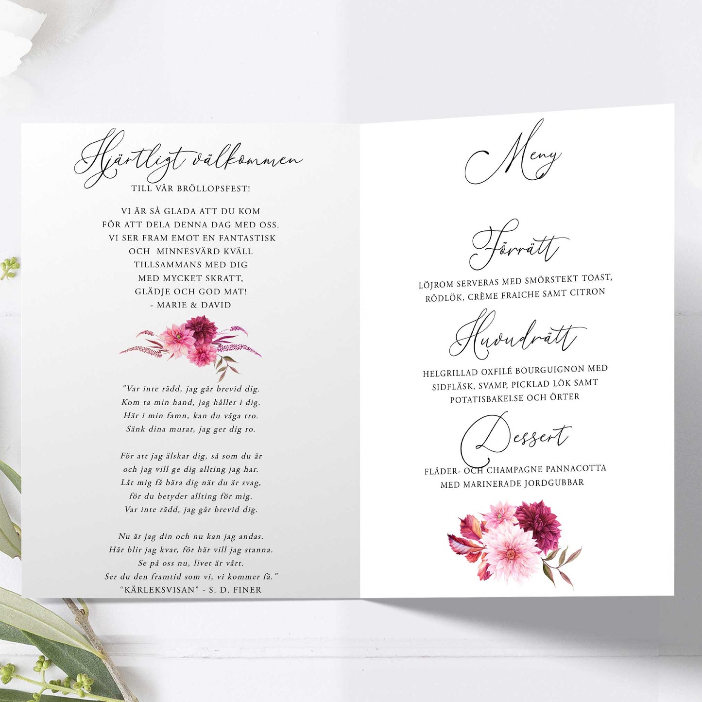 Festprogram litet, till bröllop – Burgundy Dahlia – Tryckt programkort 12,7x17,7 cm BR002