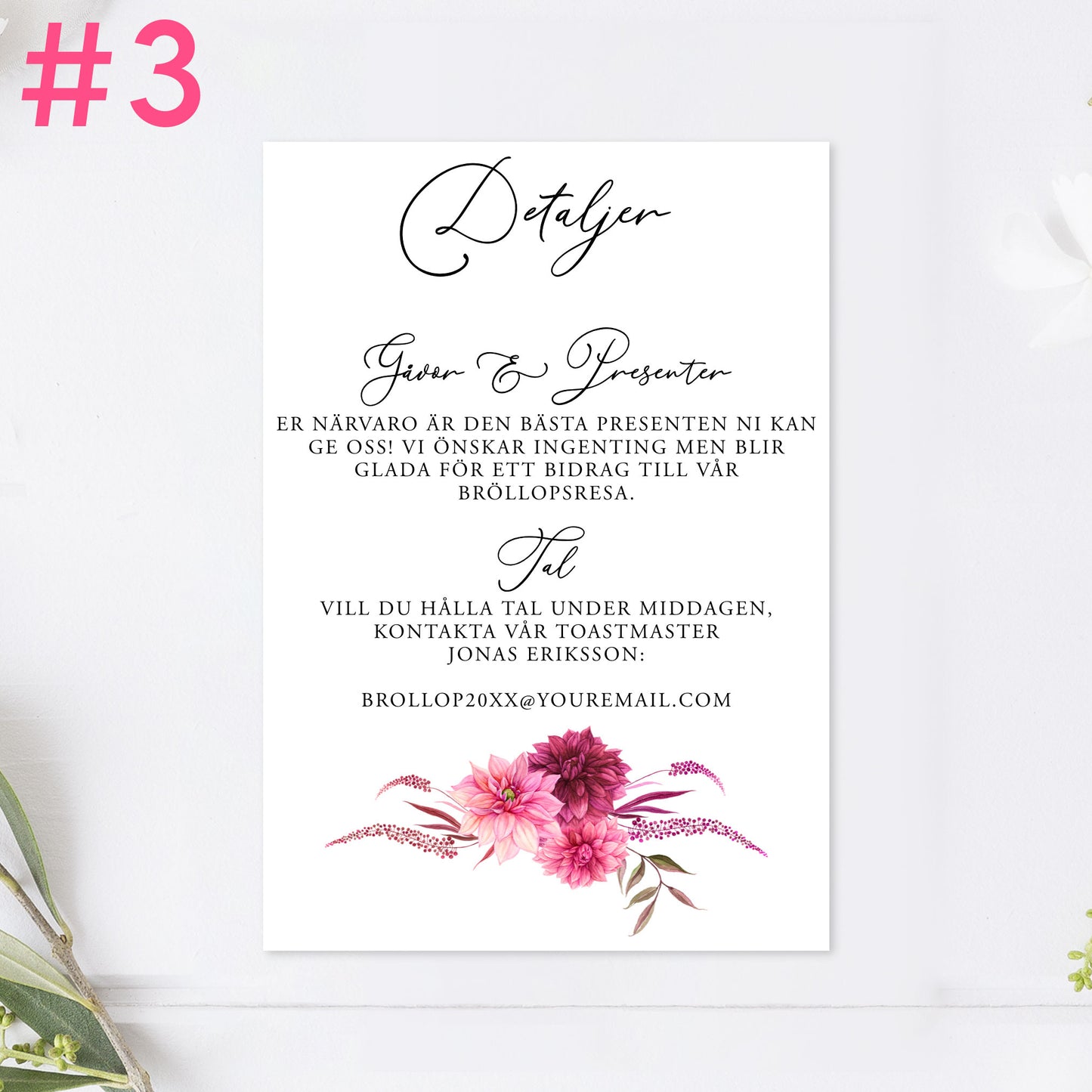 BR002-3 - Informationskort - Burgundy Dahlia - Tryckt bröllopskort