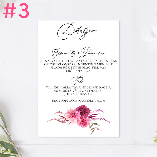 BR002-3 - Informationskort - Burgundy Dahlia - Tryckt bröllopskort