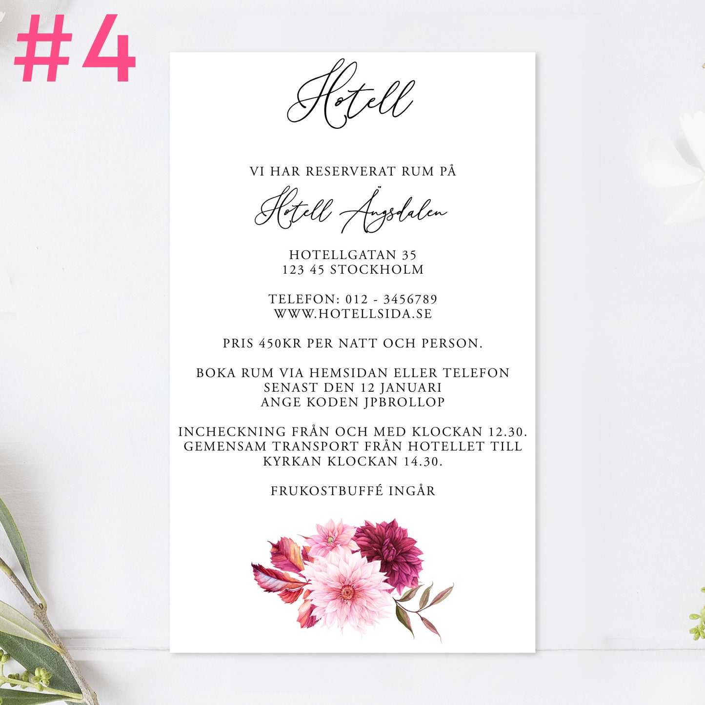 BR002-4 - Boendeinformation - Burgundy Dahlia - Tryckt bröllopskort