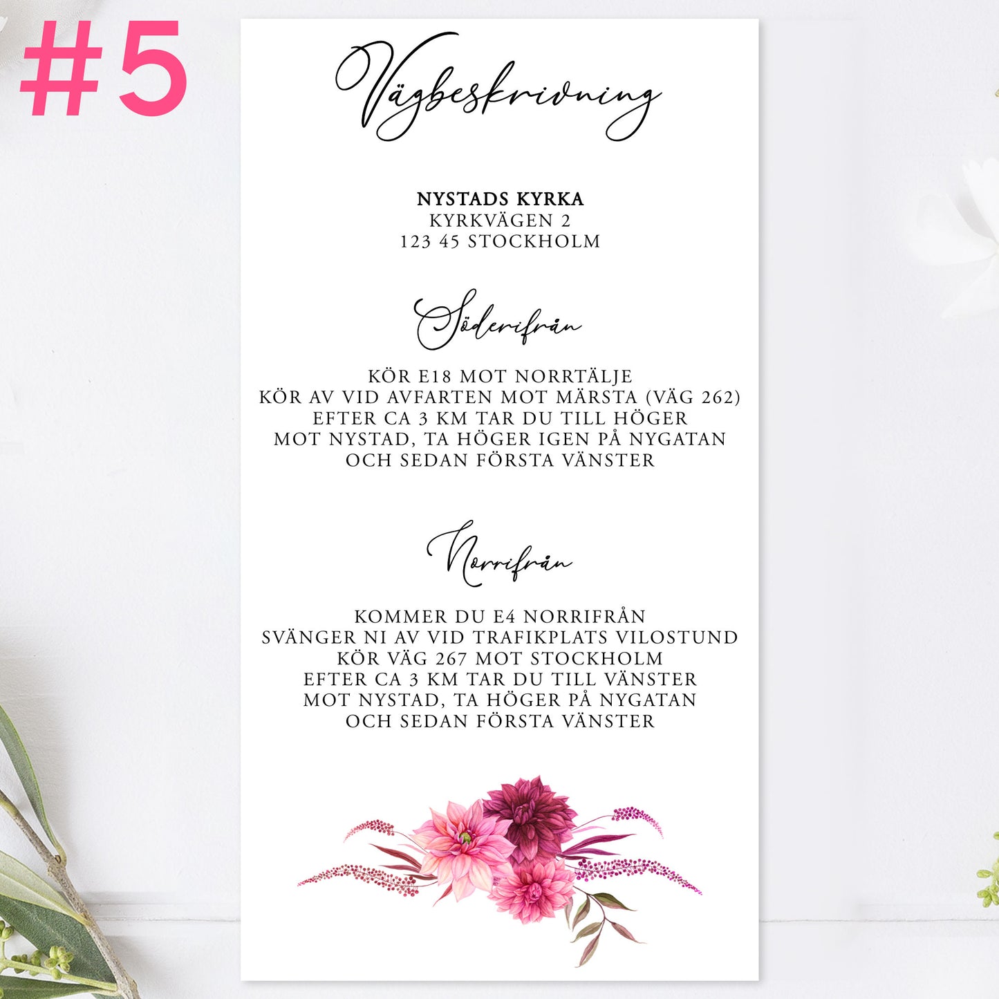 BR002-5 - Vägbeskrivning - Burgundy Dahlia - Tryckt bröllopskort