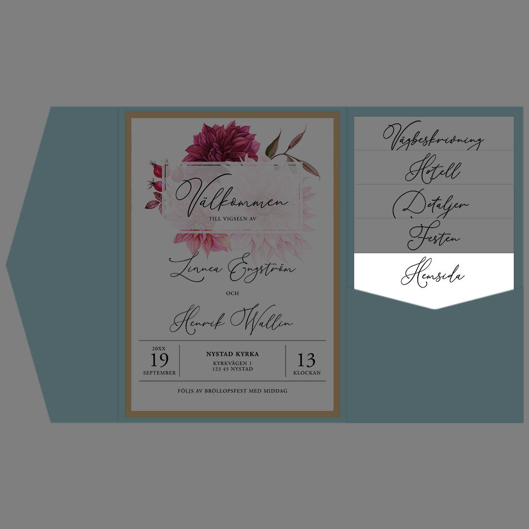 BR002-1 - Bröllopshemsida - Burgundy Dahlia - Tryckt bröllopskort