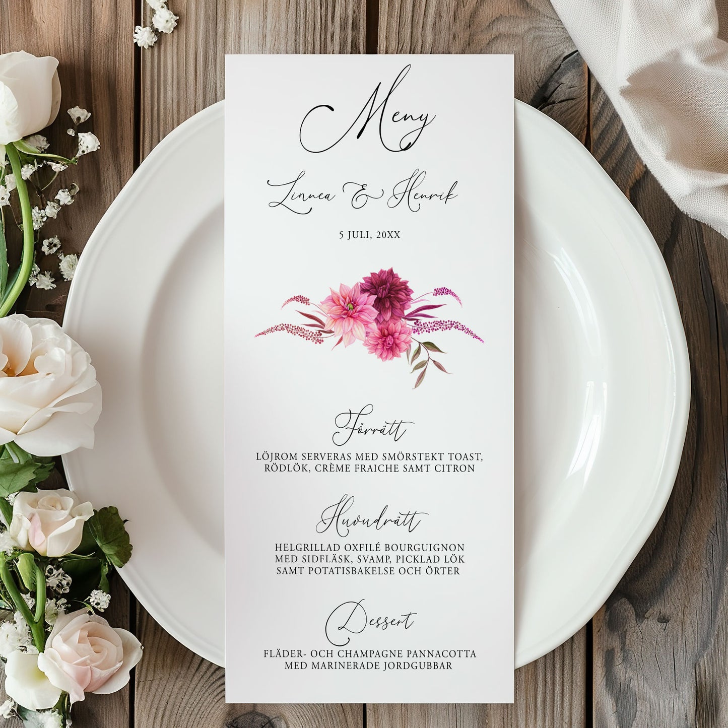 Menykort till bröllop – Burgundy Dahlia – Tryckt kort för bröllopsmeny BR002