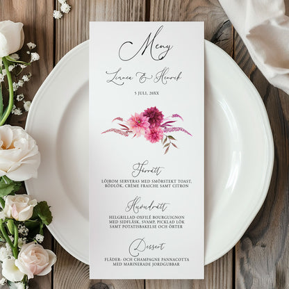 Menykort till bröllop – Burgundy Dahlia – Tryckt kort för bröllopsmeny BR002