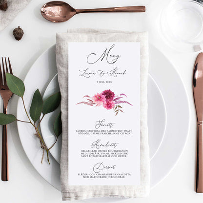 Menykort till bröllop – Burgundy Dahlia – Tryckt kort för bröllopsmeny BR002