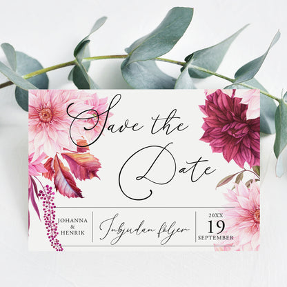 Save the Date-kort – Burgundy Dahlia - A6 Tryckt kort för bröllopsdatum BR002