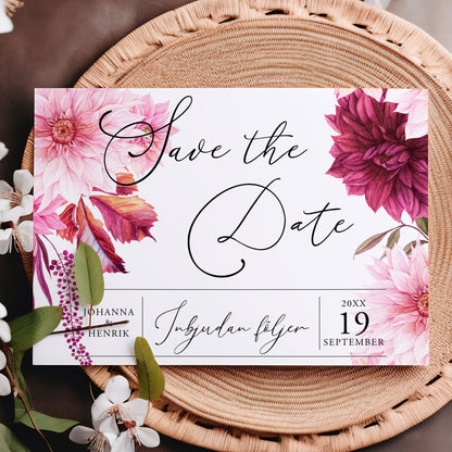Save the Date-kort – Burgundy Dahlia - A6 Tryckt kort för bröllopsdatum BR002