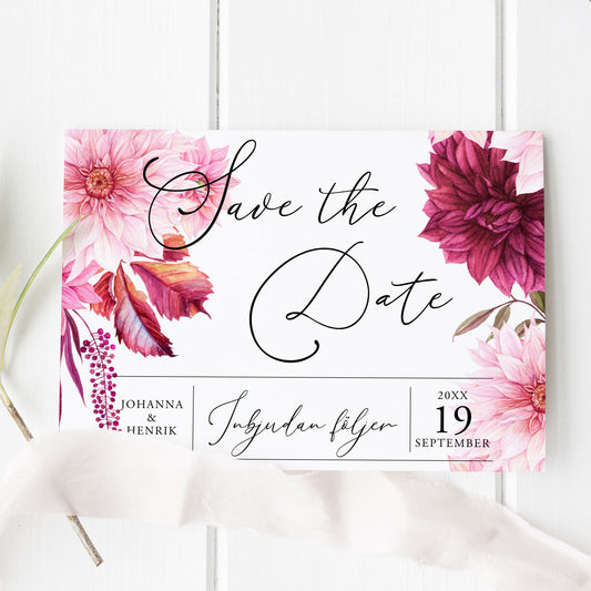 Save the Date-kort – Burgundy Dahlia - A6 Tryckt kort för bröllopsdatum BR002