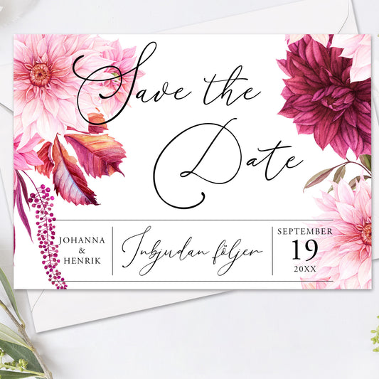 Save the Date kort – Burgundy Dahlia - A6 Tryckt kort för bröllopsdatum BR002