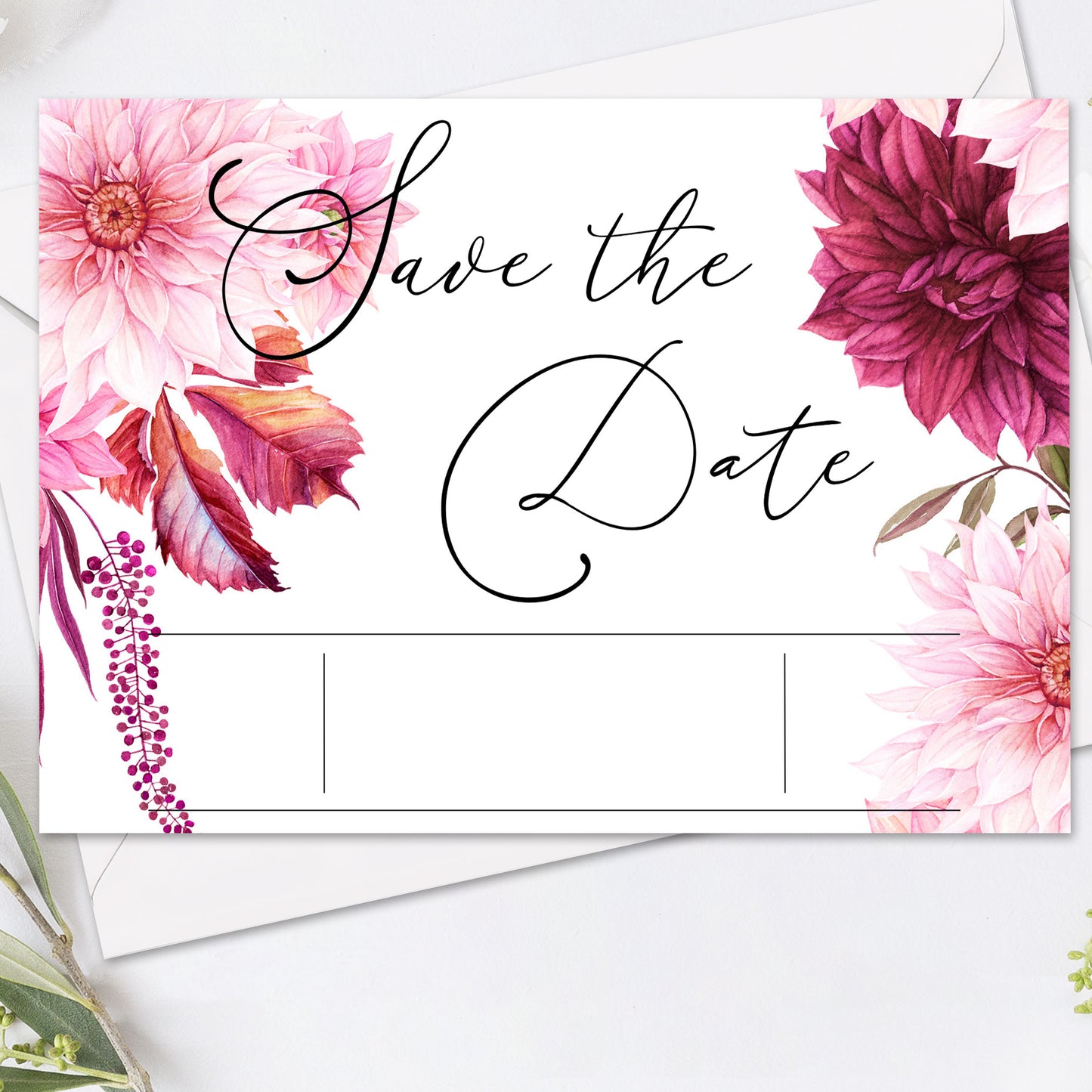 Save the Date kort – Burgundy Dahlia - A6 Tryckt kort för bröllopsdatum BR002