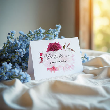 Vill du bli-kort – Burgundy Dahlia – A6 Tryckt fråga till brudfölje BR002