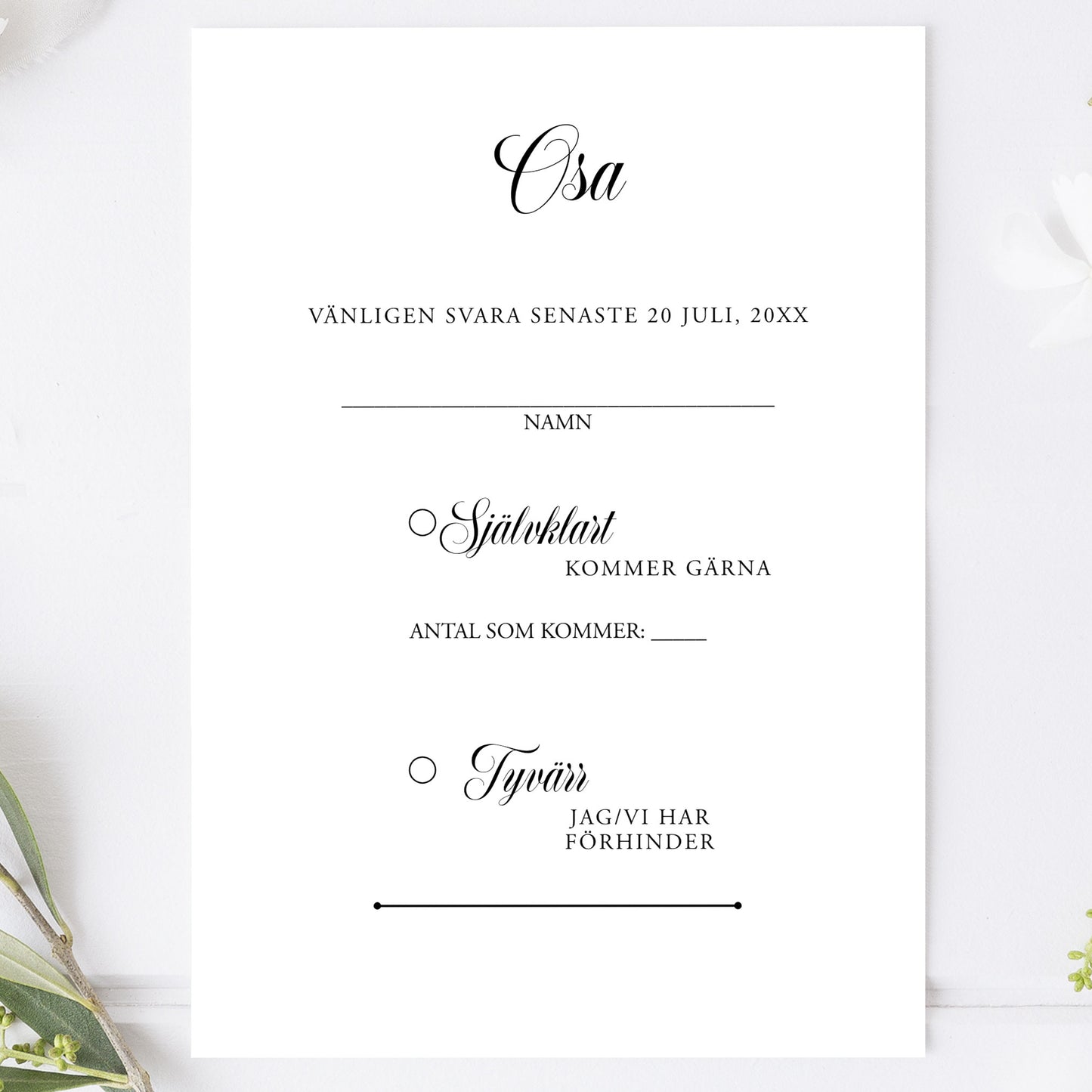 OSA-kort med kuvert (8 färger) – A6 Klassisk svartvit Formellt – Bröllopskort BR003