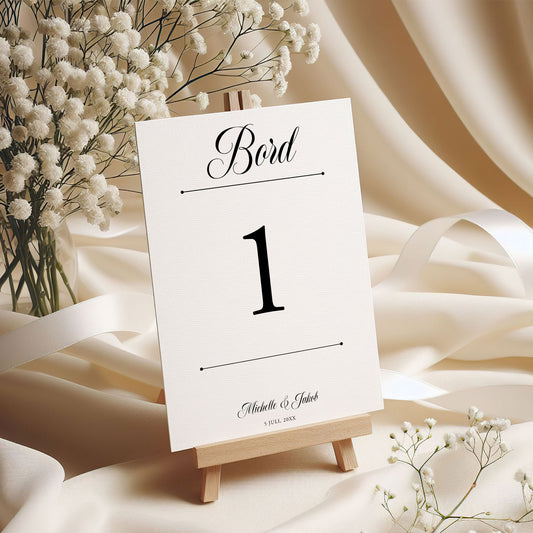 Bordsnummerkort till bröllop – Klassisk svartvit Formellt – Tryckt kort för dukning och bordsplacering BR003