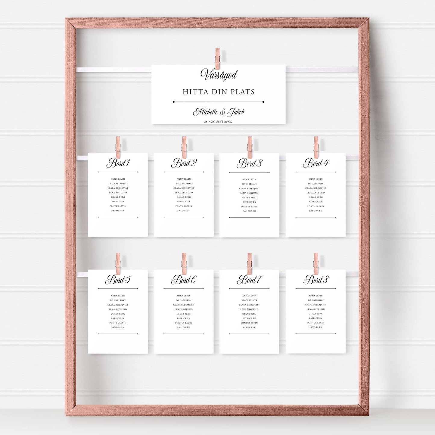 Bordsplaceringskort till bröllop – Klassisk svartvit Formellt – Titelskylt & bordskort för gäster BR003