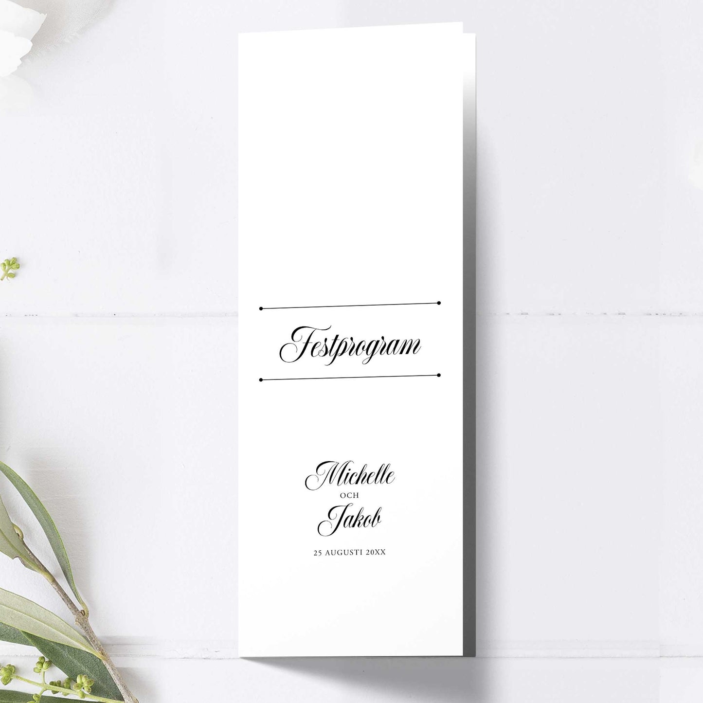 Festprogram till bröllop – Klassisk svartvit Formellt – Avlångt tryckt programkort 10,5×29,7 cm BR003