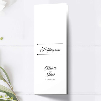 Festprogram till bröllop – Klassisk svartvit Formellt – Avlångt tryckt programkort 10,5×29,7 cm BR003