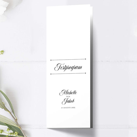 Festprogram till bröllop – Klassisk svartvit Formellt – Avlångt tryckt programkort 10,5×29,7 cm BR003