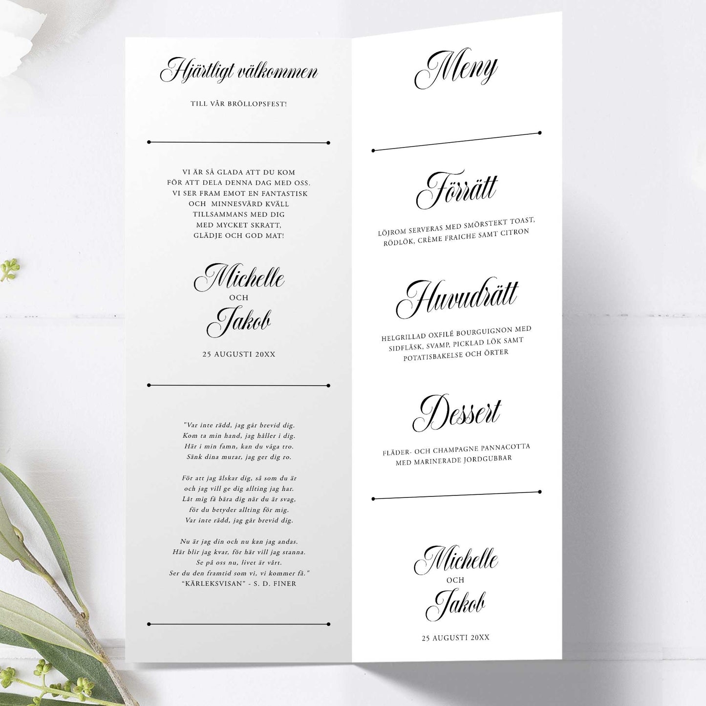 Festprogram till bröllop – Klassisk svartvit Formellt – Avlångt tryckt programkort 10,5×29,7 cm BR003