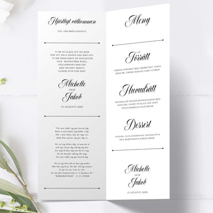 Festprogram till bröllop – Klassisk svartvit Formellt – Avlångt tryckt programkort 10,5×29,7 cm BR003