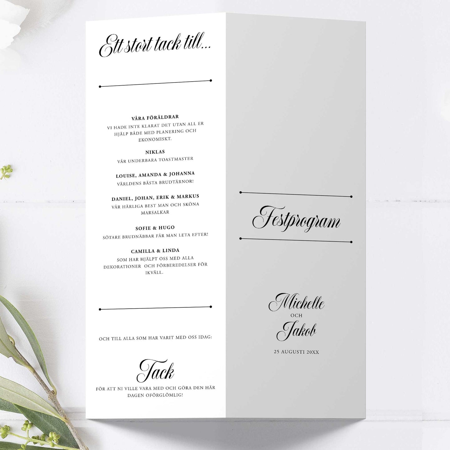 Festprogram till bröllop – Klassisk svartvit Formellt – Avlångt tryckt programkort 10,5×29,7 cm BR003