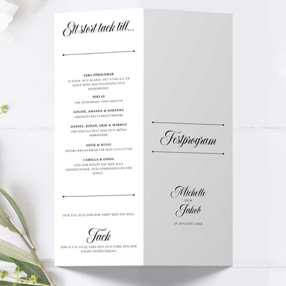 Festprogram till bröllop – Klassisk svartvit Formellt – Avlångt tryckt programkort 10,5×29,7 cm BR003