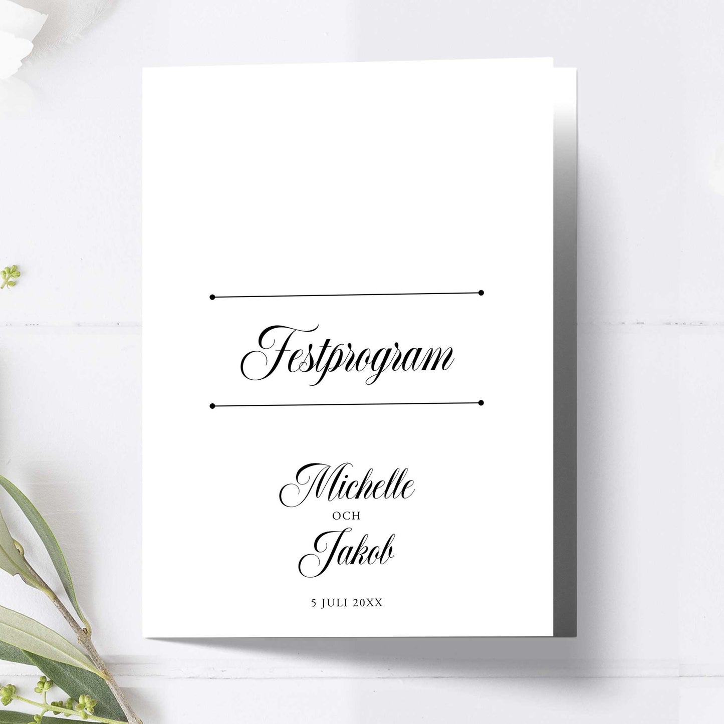 Festprogram litet, till bröllop – Klassisk svartvit Formellt – Tryckt programkort 12,7x17,7 cm BR003